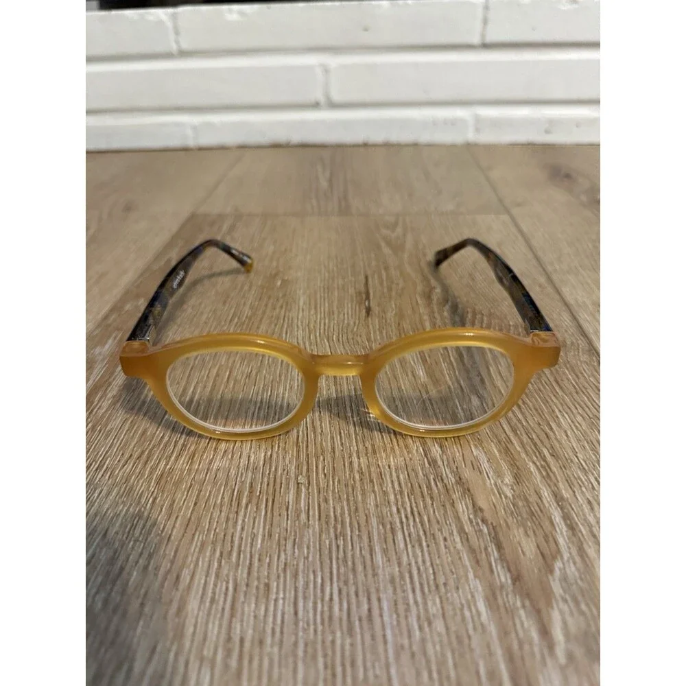 Eyebobs glasses frame TV Party Amber with blue & yellow camo pattern arms